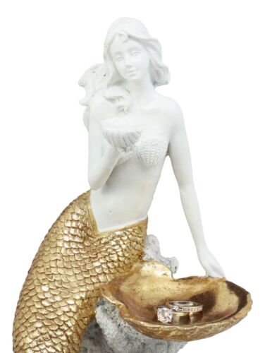 Ebros Art Nouveau Golden Mermaid Holding Sea Shell Candle Or Jewelry Holder Decor Figurine 10.25" Tall