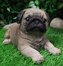 Lifelike Adorable Fawn Pug Puppy Dog Lying On Belly Figurine Pugsy Pet Pal Decor