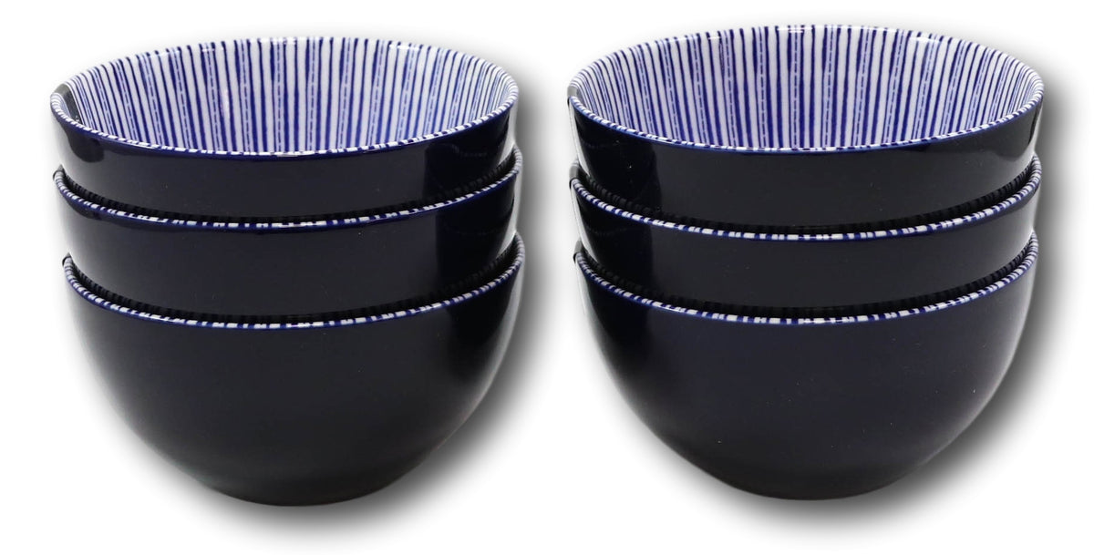 Pack Of 6 Artistic Blue Geometric Stripes Rice Soup Salad Ceramic Bowls 14oz - Ebros Gift