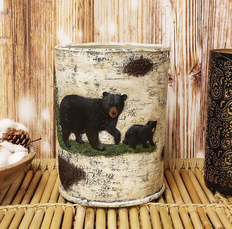 Ebros Wildlife Rustic Black Bear in Pine Trees Forest Bathroom Accent Resin Figurine Accessories with Birch Wood Finish Western Country Cabin Lodge Decorative (5 Piece Bath Set and 2 Towel Racks)