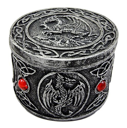 Ebros Gift Celtic Triad Red Gem Dragon Round Decorative Box Figurine 3.25"D