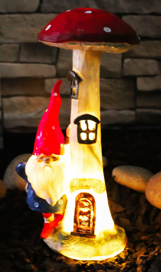 Whimsical Garden Gnome By Toadstool Mushroom Home LED Courtesy Light Figurine - Ebros Gift