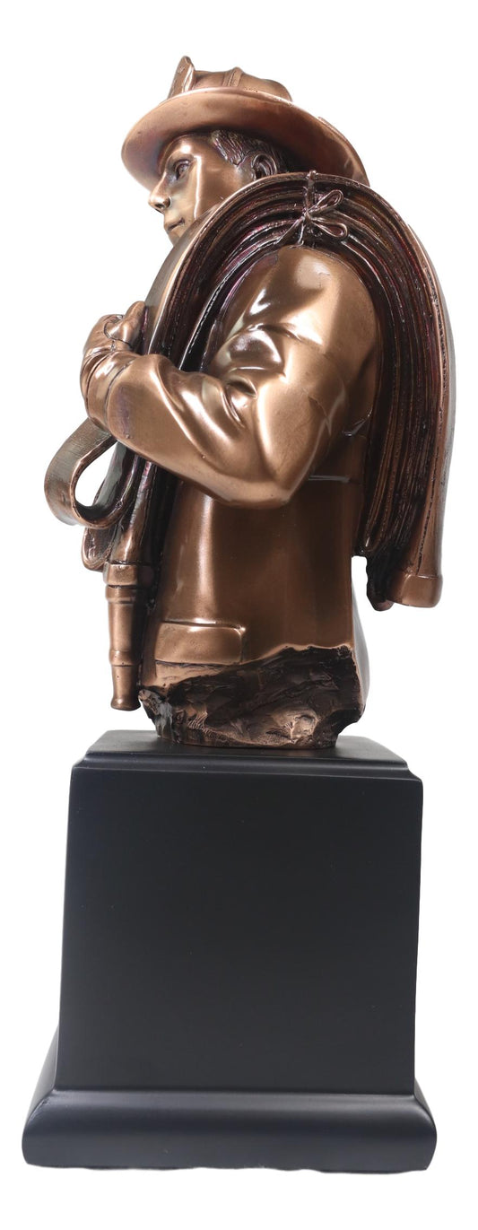 Fireman Carrying Fire Fighter Hose Reel Portrait Bust On Trophy Base Statue - Ebros Gift