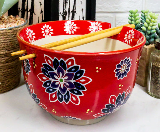 Ebros Red Colorful Divine Flowers Ramen Udon Noodles Large 6.25" Diameter Soup Bowl With Built In Rest and Bamboo Chopsticks Set for Rice Pasta Salad
