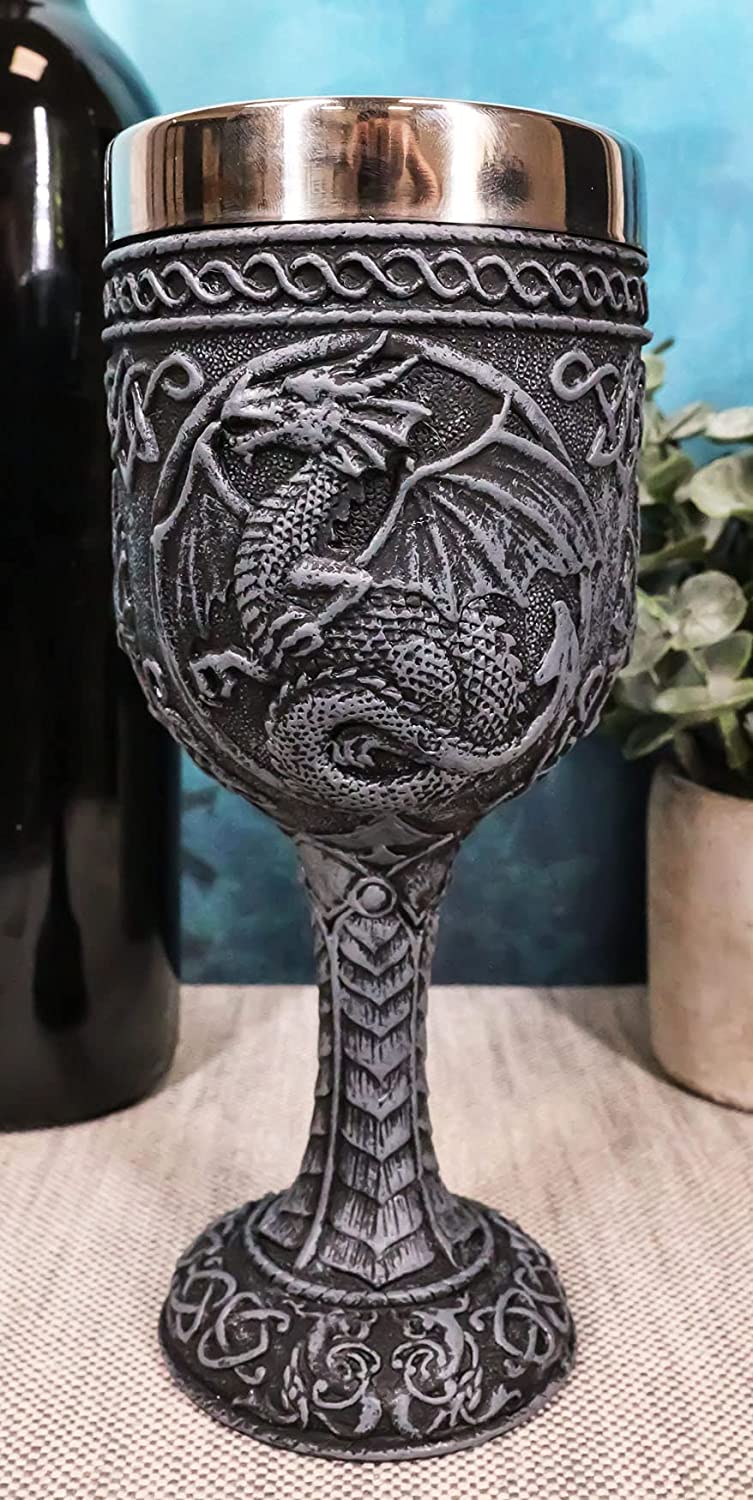 Set of 4 Medieval Dragon Wine Goblet Chalice Resin Body Stainless Steel Faux Stone