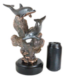 Marine 2 Black Dolphins Swimming by Coral Reef Electroplated Bronze Figurine