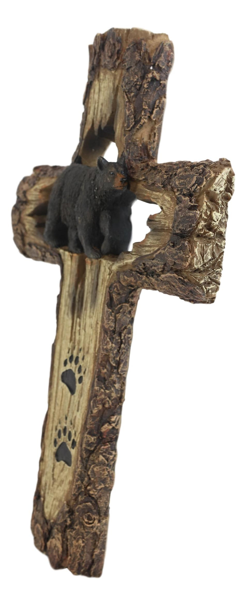 Rustic Western Black Bear With Paw Prints Faux Wood Wall Cross Decor Plaque