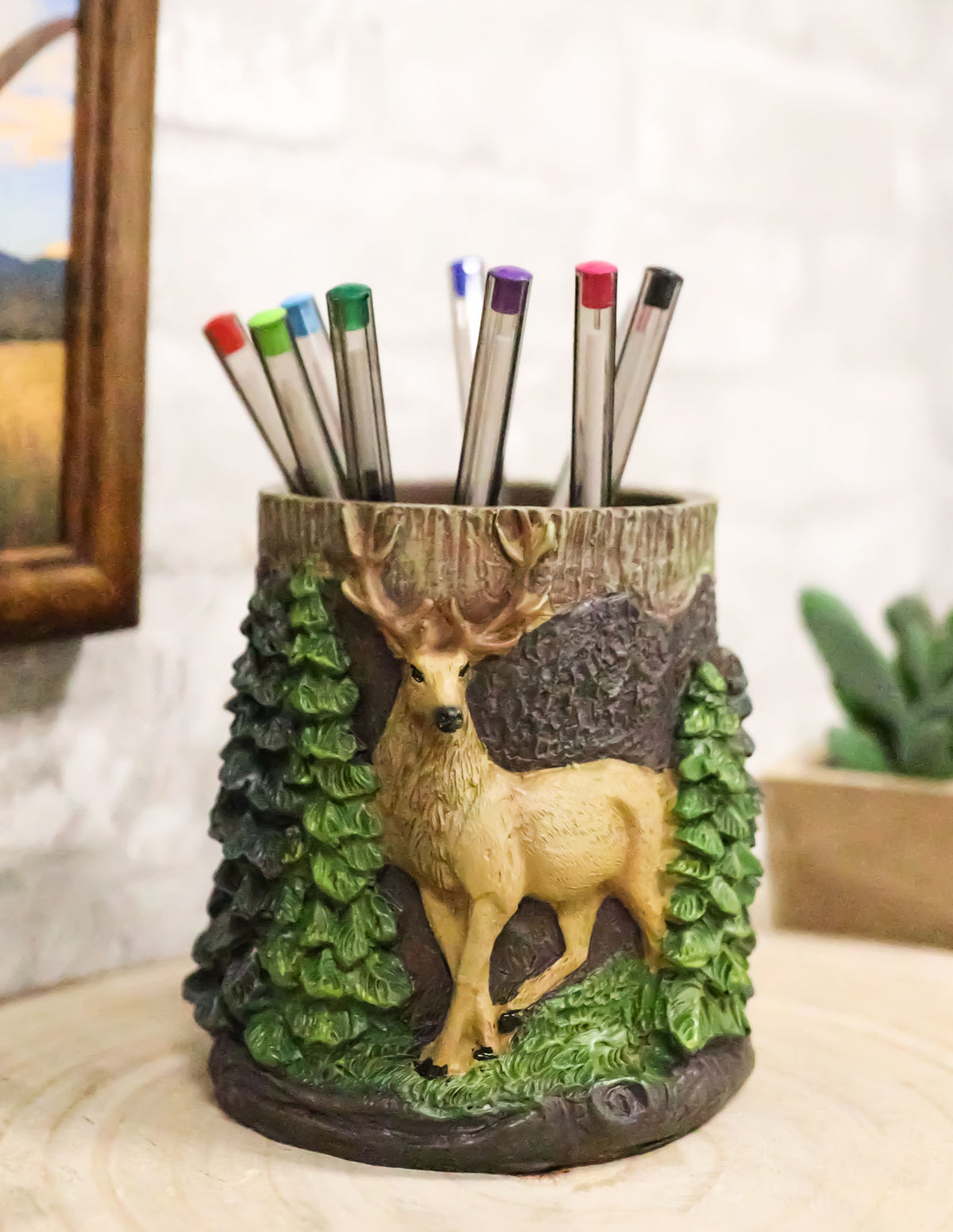 Rustic Western Buck Stag Deer By Green Forest Trees Stationery Pen Brush Holder