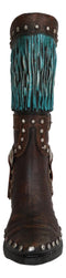 Rustic Western Country Turquoise Frills Faux Tooled Leather Cowgirl Boot Vase