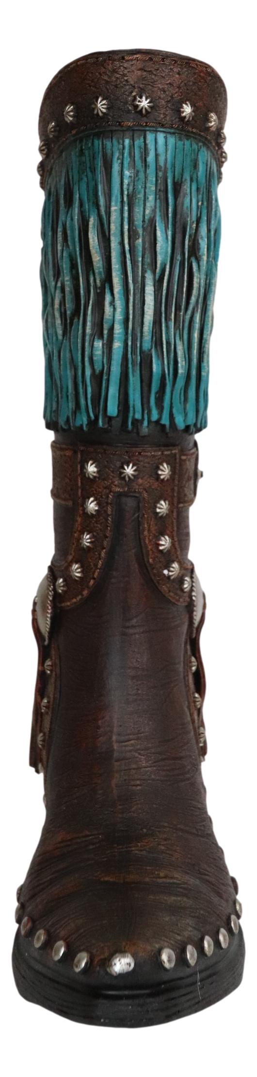 Rustic Western Country Turquoise Frills Faux Tooled Leather Cowgirl Boot Vase