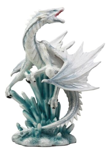 Ebros White Arctic Snow Winter Dragon On Giant Crystal Ice Rocks Statue Frozen Realm