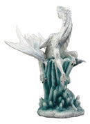 Ebros White Arctic Snow Winter Dragon On Giant Crystal Ice Rocks Statue Frozen Realm