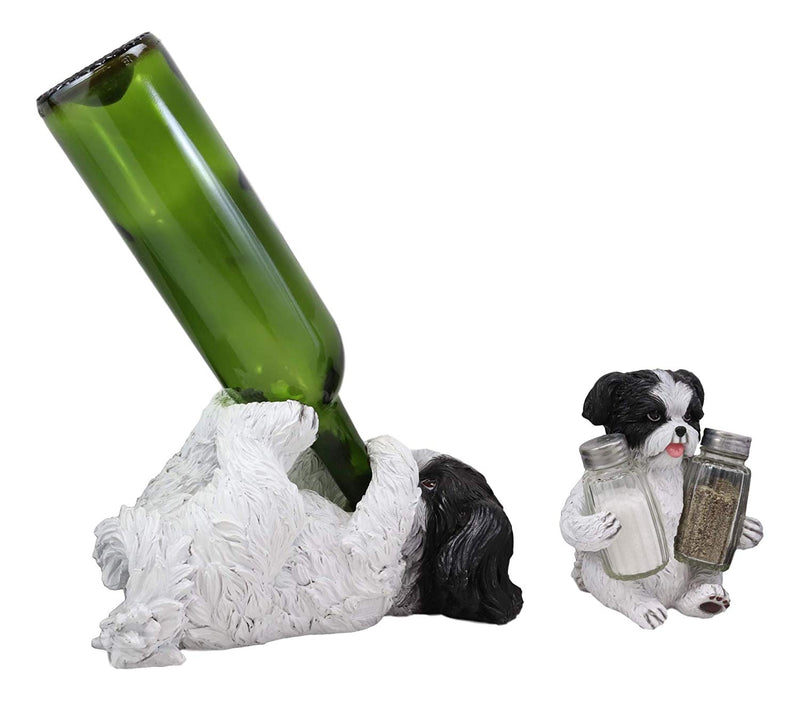 Ebros Realistic Shih Tzu Dog Glass Salt Pepper Shakers & Wine Bottle Holder