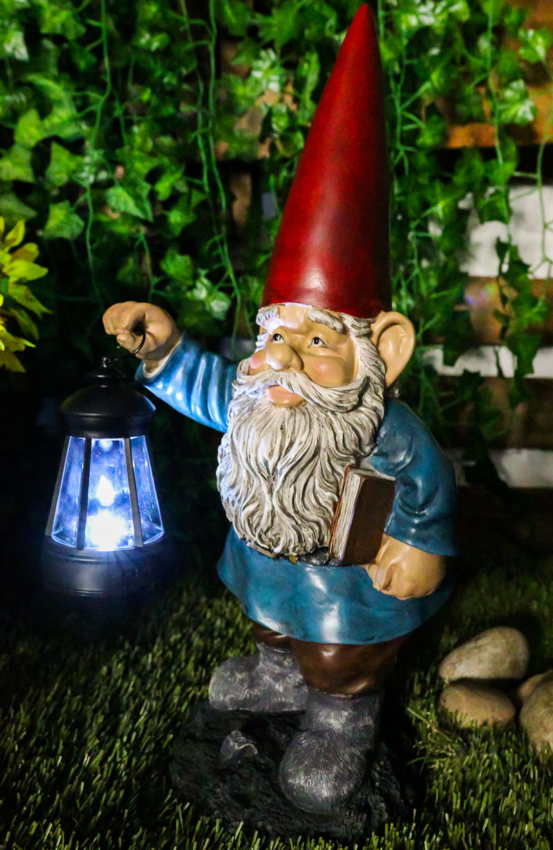 Ebros Whimsical Gnome Holding Book of Spells Solar LED Lantern Light Statue 17"H