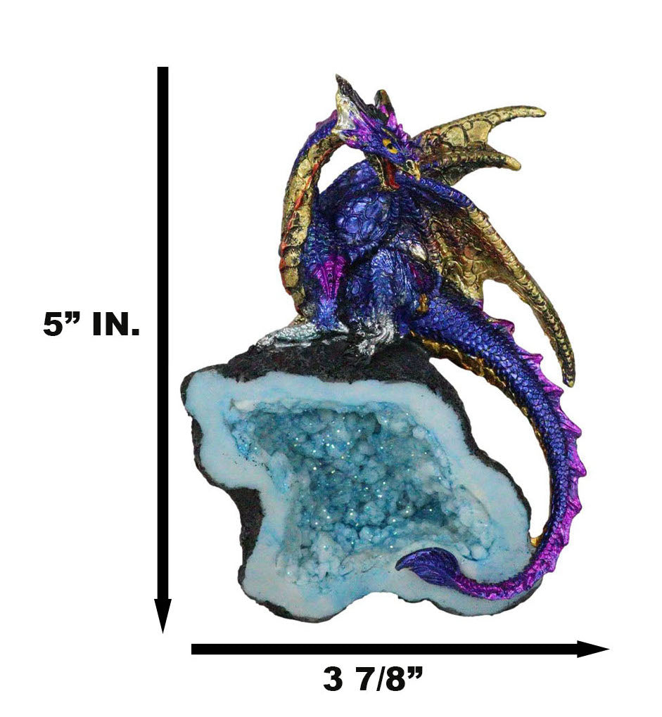 Azure Blue Iridescent Dragon On Faux Geode Rock Quartz Crystal Cove Figurine 5"H - Ebros Gift
