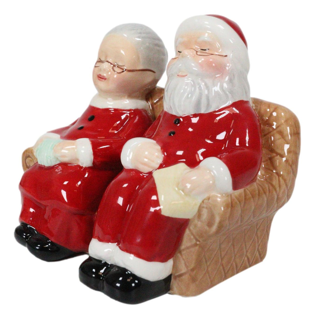 North Pole Winter Christmas Mr Mrs Santa On Sofa Ceramic Salt Pepper Shaker Set