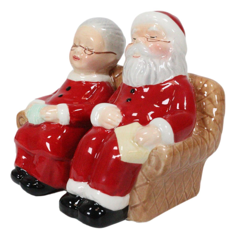 North Pole Winter Christmas Mr Mrs Santa On Sofa Ceramic Salt Pepper Shaker Set