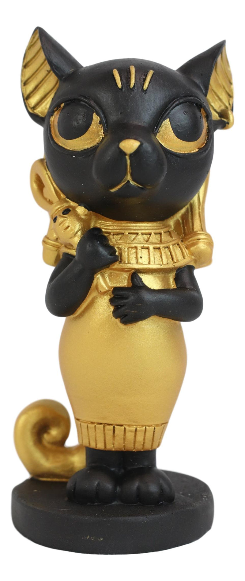 Egyptian Goddess Cat Bastet Holding Ankh Black Gold Finish Chibi Small Figurine