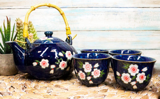 Japanese Sakura Cherry Blossom Flowers Navy Blue Ceramic Tea Pot With 4 Cups Set - Ebros Gift