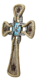 Ebros Gift Rustic Western Stars Turquoise Gem Horseshoe Wall Cross Decor Plaque In Rope Embroidery Outline Finish Hanging Sculpture 12" High Decorative Crosses - Ebros Gift