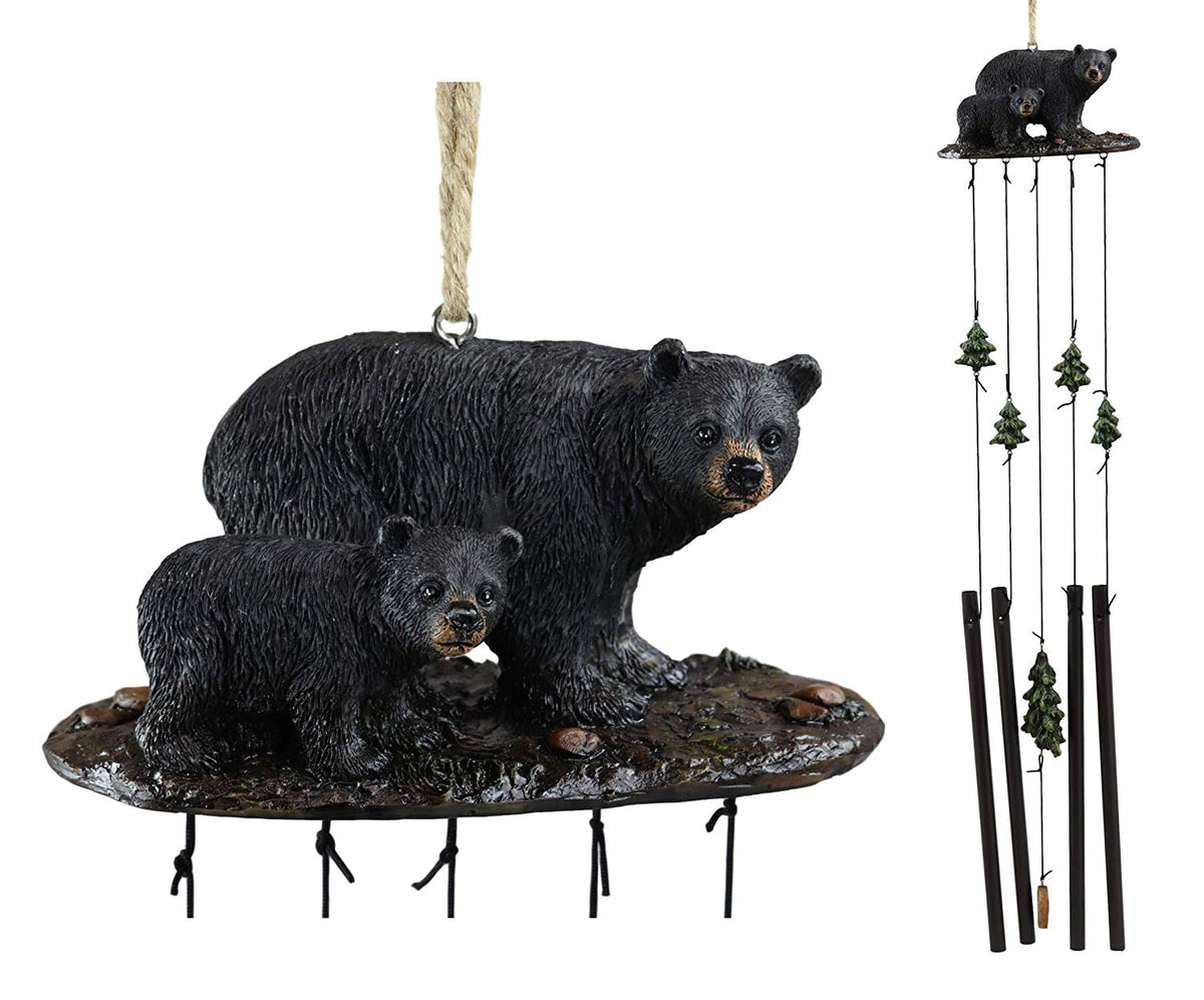 Ebros Gift Rustic Woodland Black Bear Mother and Cub Family Roaming The Forest Figurine Top Resonant Wind Chime with Pine Tree Ornaments Garden Patio Rustic Cabin Lodge Mountain River Home Accent
