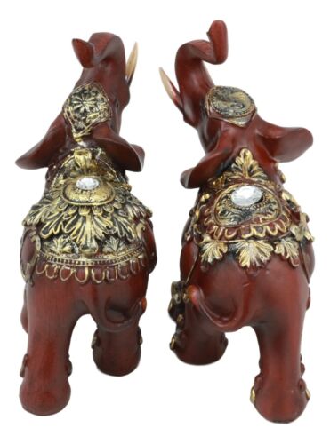 Ebros Faux Wood Feng Shui Elephant with Trunk Up Statue Set of 2 Long Decorated Thai Buddhism Noble Elephant Trumpeting Left and Right Directions Animal Sculpture
