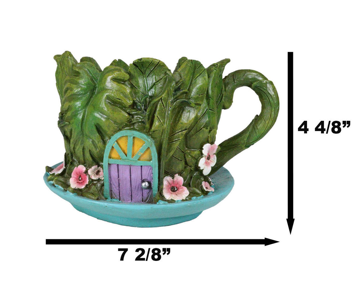 Fairy Garden Leaf Foliage Teacup House With Purple Door Floral Planter Vase - Ebros Gift