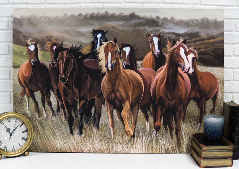 Rustic Western Running Horses Herd Wood Framed Canvas Print 31" X 21" Wall Art