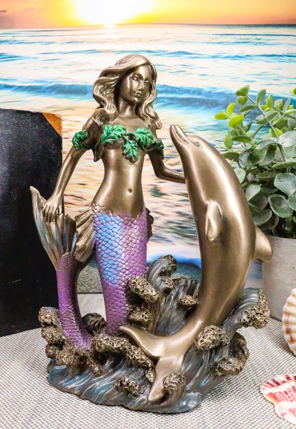 Art Nouveau Ocean Siren Mermaid With Bottlenose Dolphin Statue Nautical Decor
