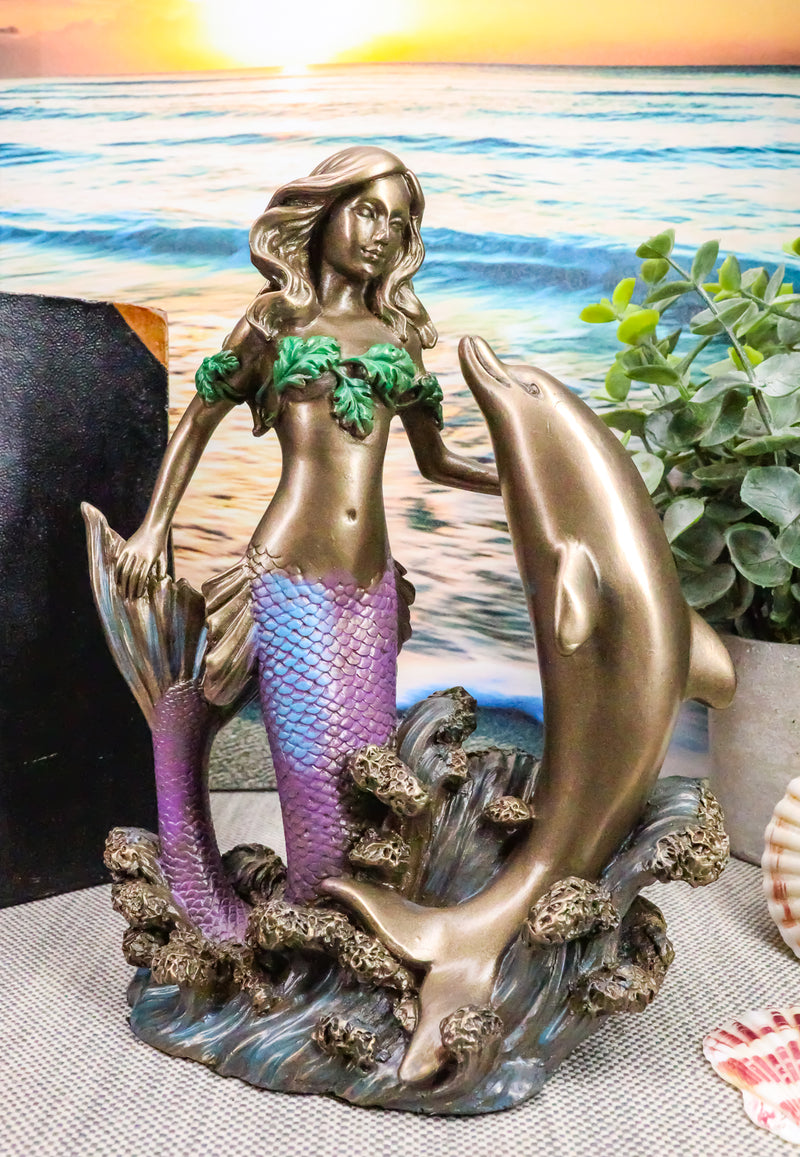 Art Nouveau Ocean Siren Mermaid With Bottlenose Dolphin Statue Nautical Decor