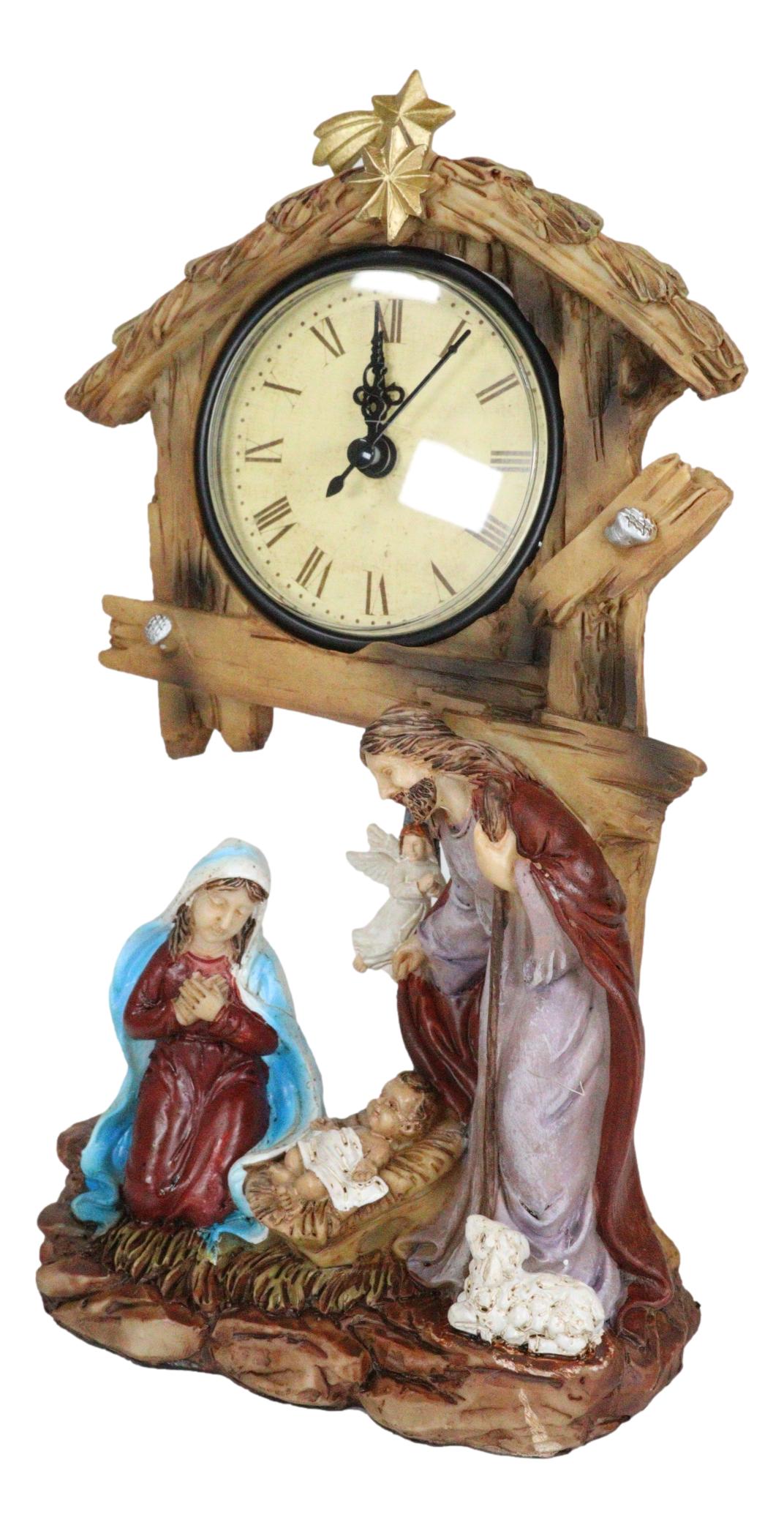 Holy Family Nativity Mary Joseph and Baby Jesus In Manger Pendulum Table Clock - Ebros Gift