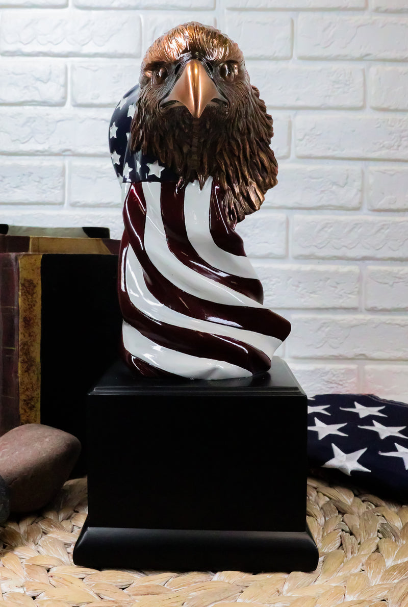 Large 12" American Bald Eagle On Star Spangled Banner Flag Bust Statue With Base