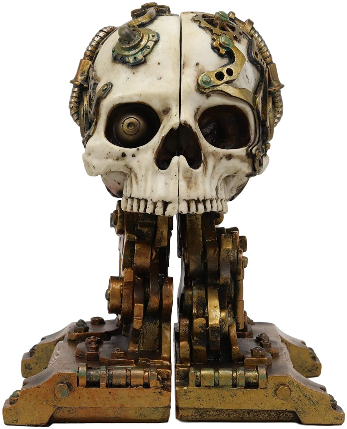 Cyborg Robotic Gearwork Facility Steampunk Skull Bookends Set Figurine Statue