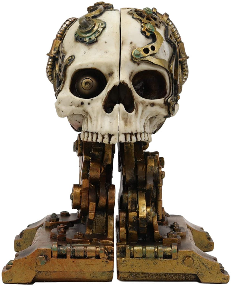 Cyborg Robotic Gearwork Facility Steampunk Skull Bookends Set Figurine Statue