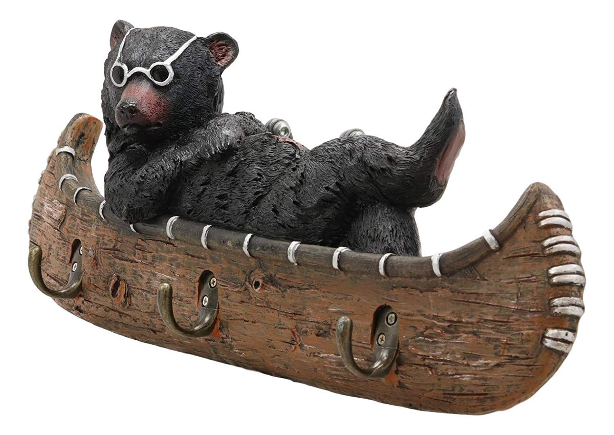 Ebros Large Whimsical Rustic Black Bear with Sunglasses River Cruising On Canoe 3 Pegs Wall Hooks 17" Long Hanger Forest Jungle Wall Mount Coat Hat Keys Hook Decor Hanging Sculpture Plaque Figurine