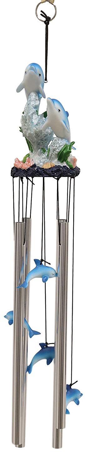 Ebros Nautical Marine Dolphin Family Swimming by Coral Reef Wind Chime 21" Long Resin Crown with Aluminum Rods Home Patio Garden Decor of Dolphins Under The Sea Life Decorative Noisemakers