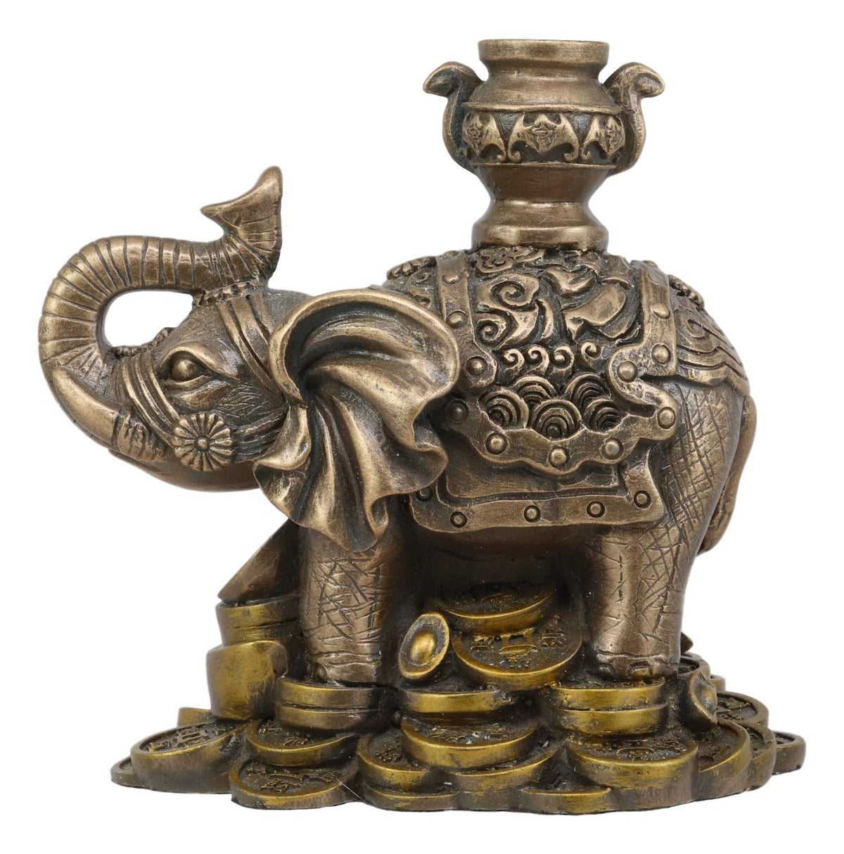 Ebros Feng Shui Auspicious Elephant With Trunk Up Standing On Gold Ingot Coins Statue