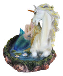 Blonde Mermaid Siren Princess Ariel With Rare White Unicorn In Lily Pond Statue