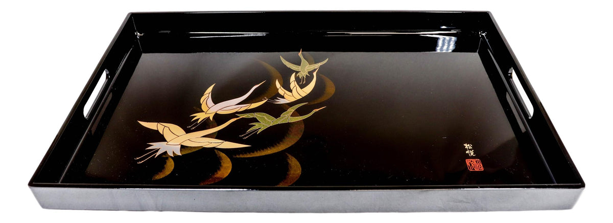 Japanese Flying Cranes 19" by 12" Large Black Lacquer Serving Tray With Handles - Ebros Gift