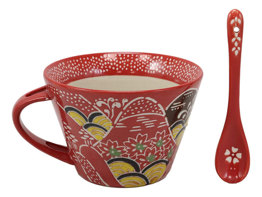 Ebros Porcelain Coffee Tea Latte Cafe Mug Drink Cup With Spoon 2pc Set 12oz Home Kitchen Decorative Ceramics (SINGLE, Red Mountain Landscape) - Ebros Gift