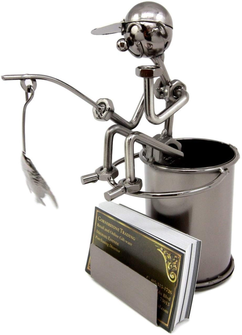 Fishing Fisherman On Ledge Metal Stationery And Business Card Organizer Holder
