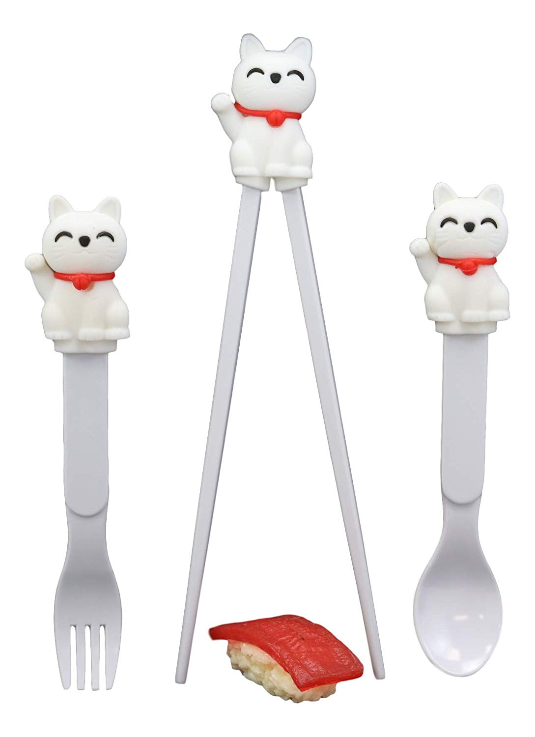 White Maneki Neko Cat Training Chopsticks With Silicone Guide Spoon And Fork Set - Ebros Gift
