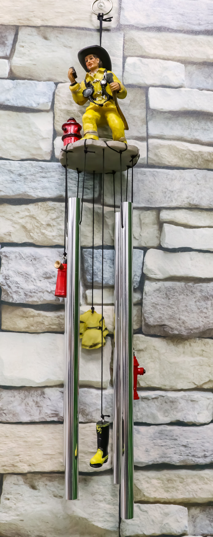 Ebros Gift Yellow Gear Outfit Fireman in Line of Duty with Axe and Red Hydrant Resonant Relaxing Wind Chime Patio Garden Accent of Fire Fighters Hydrants 911 Emergency Civil Service - Ebros Gift