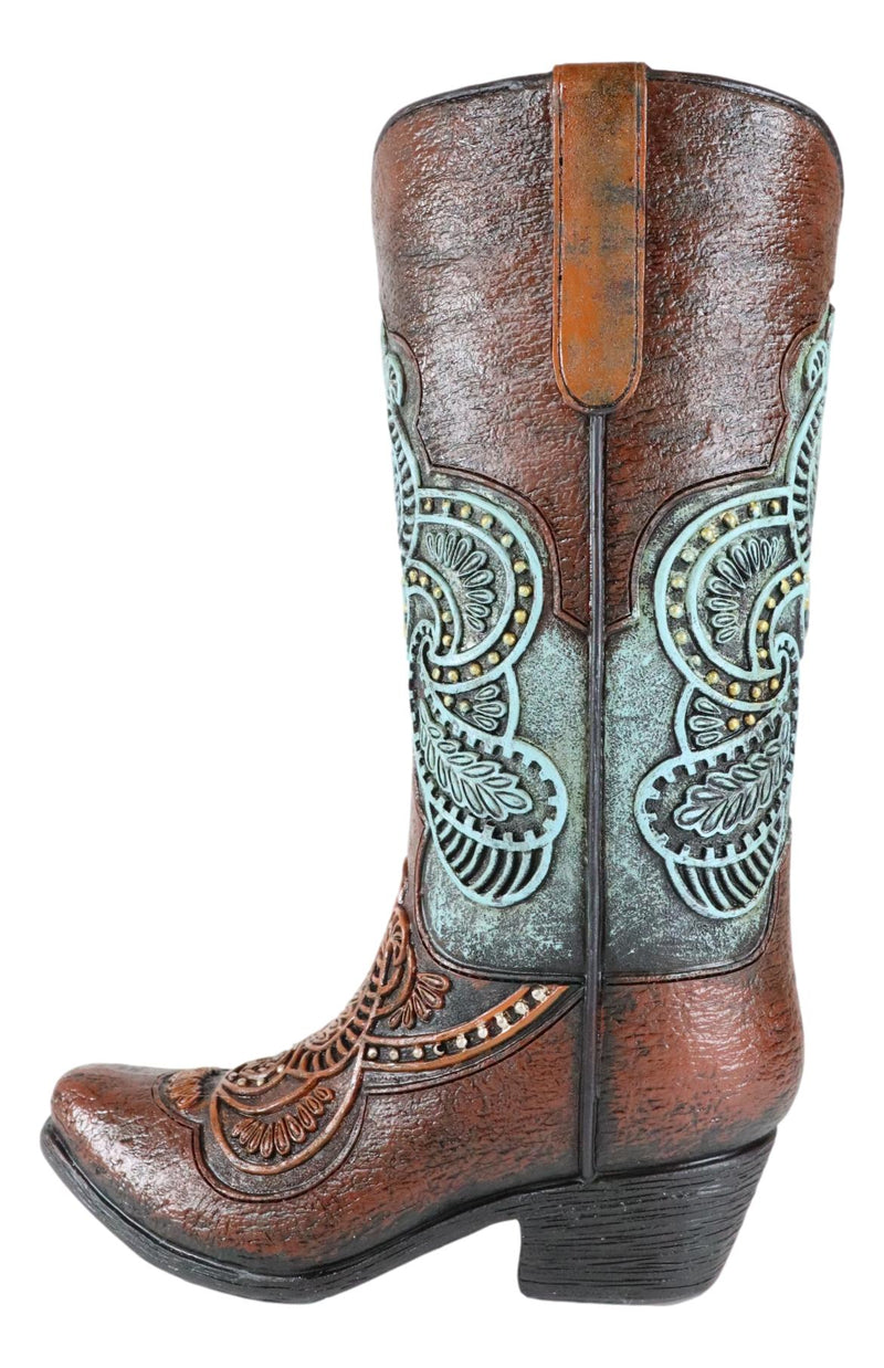 Western Boho Chic Turquoise Floral Lace Tooled Leather Cowboy Boot Flower Vase