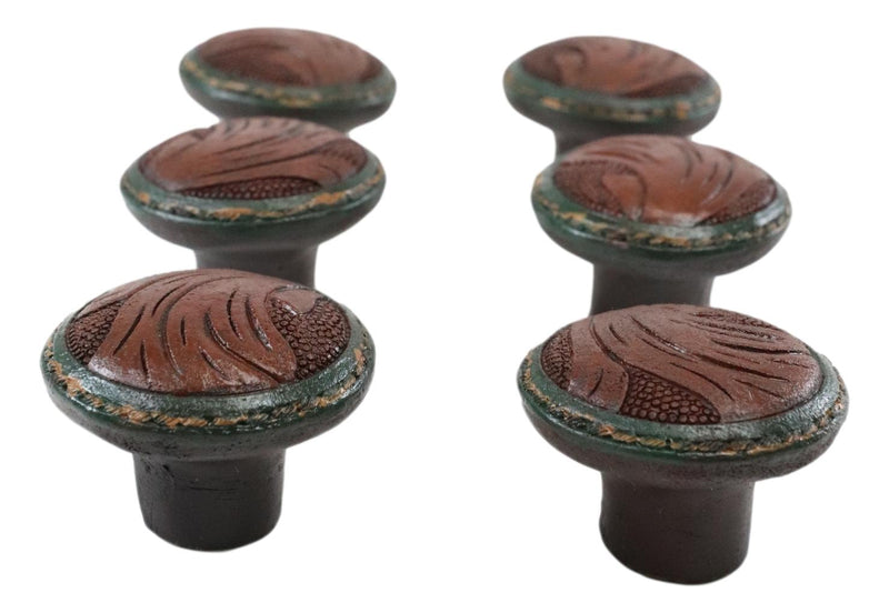 Set Of 6 Western Rustic Faux Tooled Leather Green Borders Cabinet Door Knobs