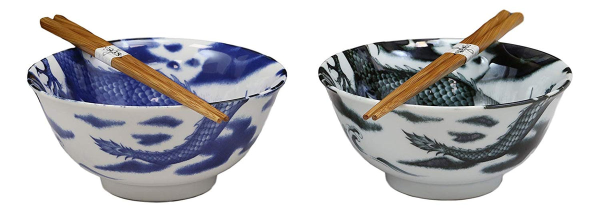 Ebros Japanese Made East Asian Chinese Dragons Ceramic Bowls And Chopsticks Set of 2 - Ebros Gift