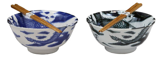 Ebros Japanese Made East Asian Chinese Dragons Ceramic Bowls And Chopsticks Set of 2 - Ebros Gift