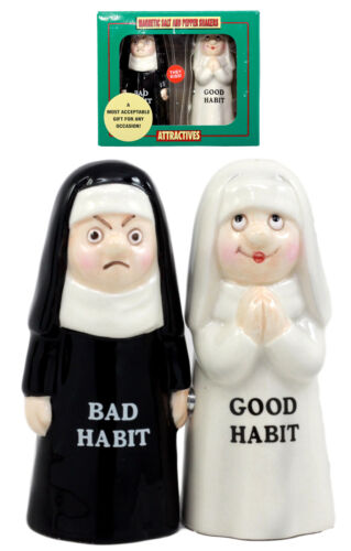 Ebros Bad And Good Habits Nun Pair Salt & Pepper Shakers Ceramic Magnetic Set