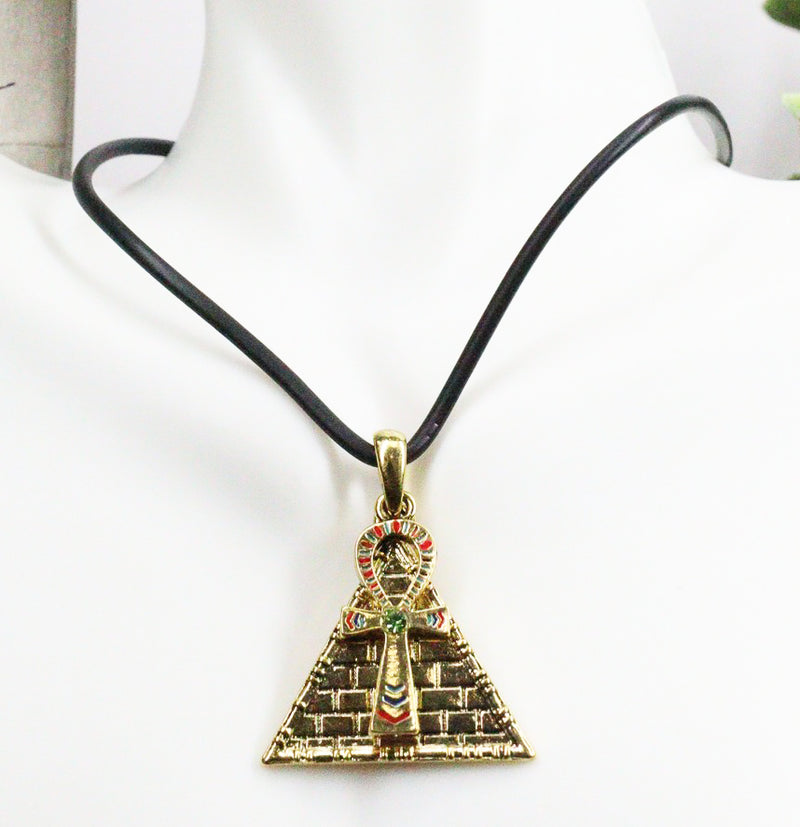 Ebros Egyptian Theme Pewter Alloy Pyramid Ankh Necklace Pendant Jewelry Fashion
