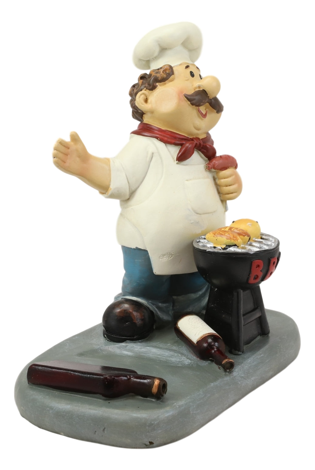 BBQ Pitmaster Grilling Chef Holding Sausage in A Fork Wine Bottle Holder Statue
